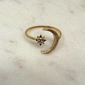NEW 10K Gold Plated & Cubic Zirconia Moon & Star Adjustable Ring
